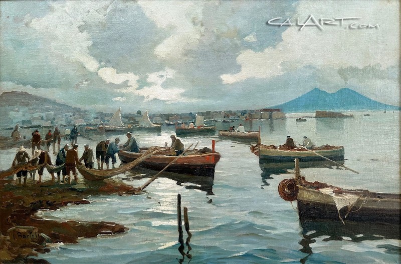 VINTAGE ORIGINAL OIL PAINTING FISHING BOATS IN HARBOR BY BARTOLI LISTED!