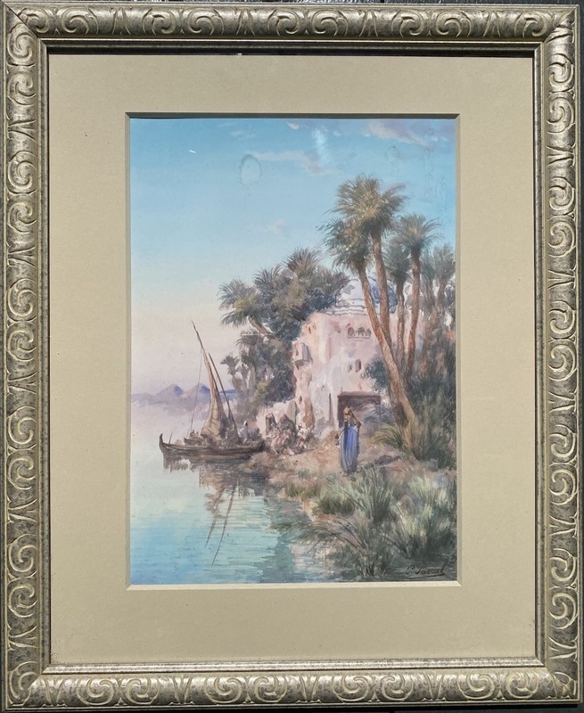 Paul Pascal Orientalist Watercolor North African Waterfront Painting