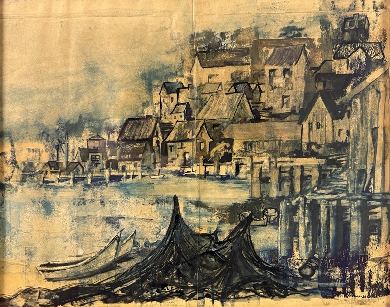 Catherine Hatcher, 1964, Vintage Mixed Media Painting, Harbor Scene
