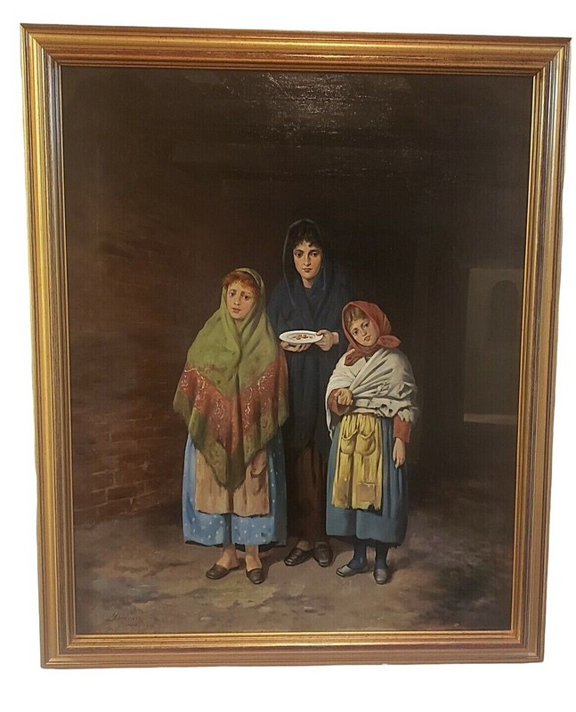Vintage Oil Painting We Poor Children After Luigi Mion Signed Framed