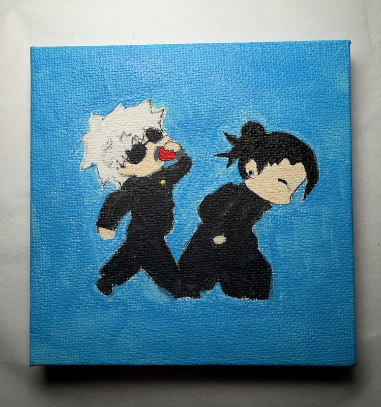Hand-Painted Small Canvas Painting, Anime Cartoon Boys, Blue Background Unframed