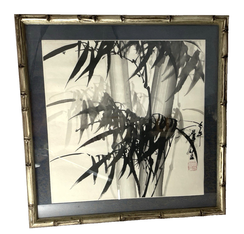 Framed Matted Asian Bamboo Ink Painting Sumi-e Style Red Seal Signed Wall Art