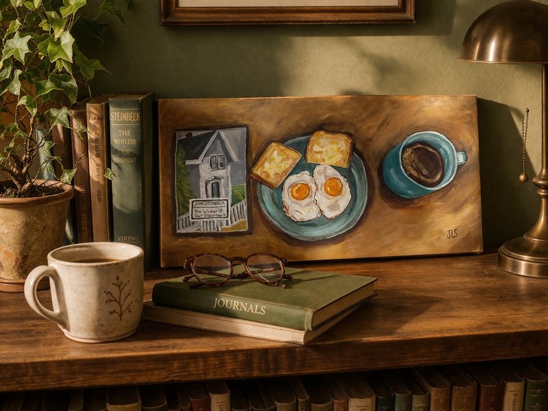 Breakfast Still Life Painting Eggs Toast Coffee Book Kitchen Wall Art 24×12