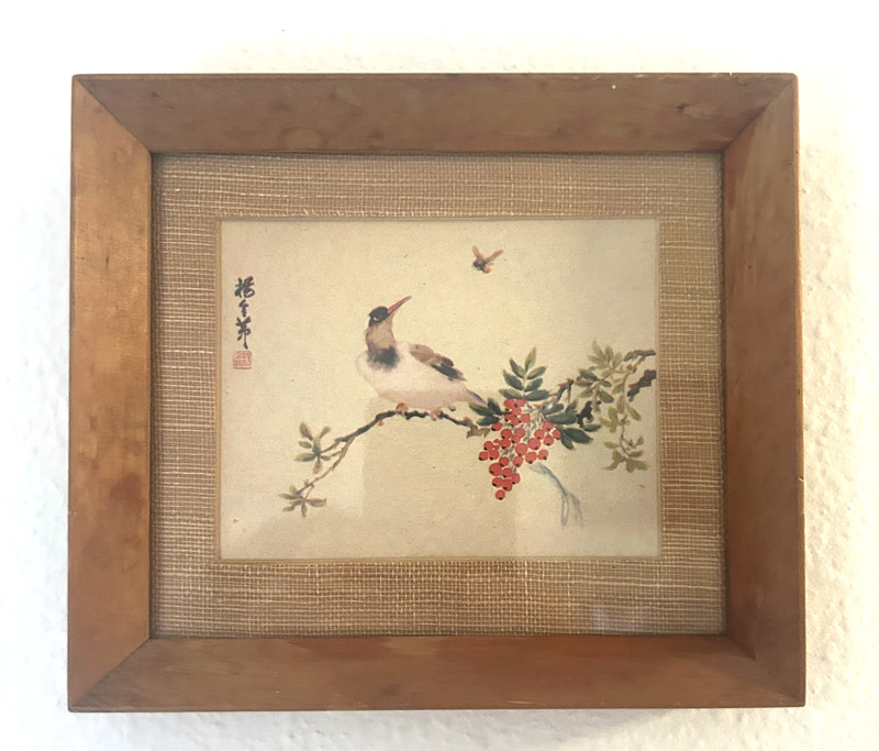 Vintage Asian Hand Painted Silk Bird Branch Berries Signed Framed Miniature Art