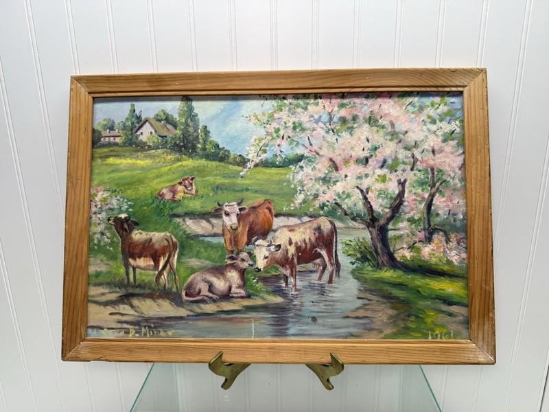 Vintage Oil On Canvas Pastoral Painting Cattle Cows Along The Riverbank On Board