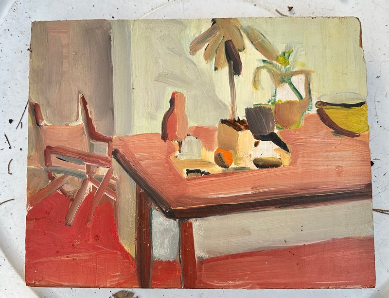 BARBARA GORDON MODERNIST ABSTRACT OIL PAINTING 1970’s wood 10 1/2″ x9 1/2″