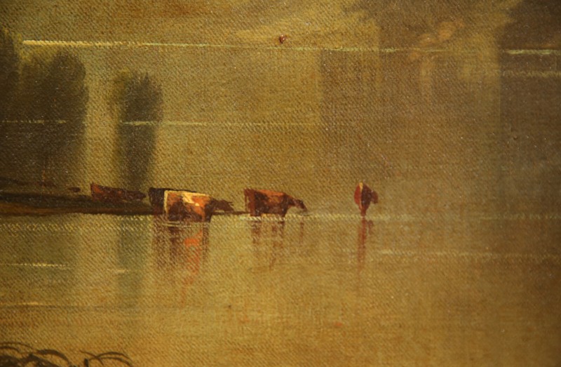 Beautiful Antique Landscape with Cows and People by the lake gallery
