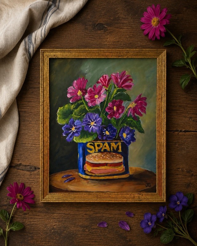 SPAM Can Flowers Floral Still Life Painting Colorful Art 11x14 Framed gallery