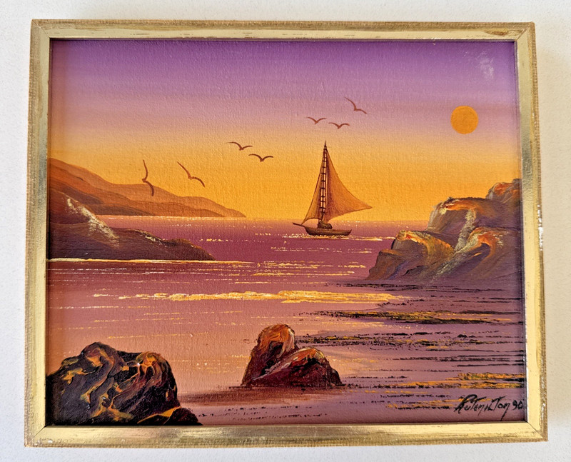 Early Work By Brazilian Artist Rutenilton Melo 9 x 7.5 Sailboat Sea Cove