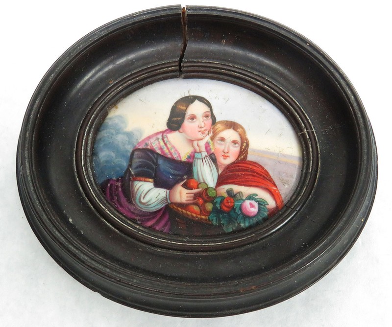19th CENTURY CAMEO ENAMEL PAINTING ON PORCELAIN IN EBONY WOOD FRAME