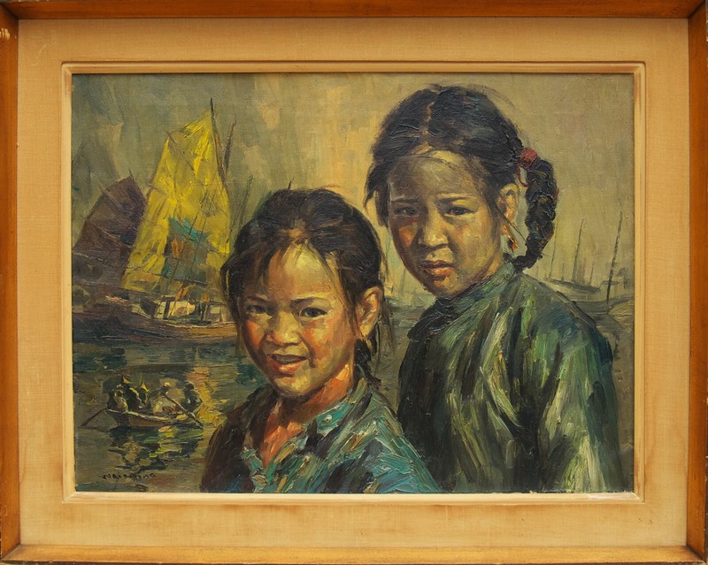 Wai Ming (Chinese American,1938 – ) Original Oil Painting «Girls and Sea» Signed