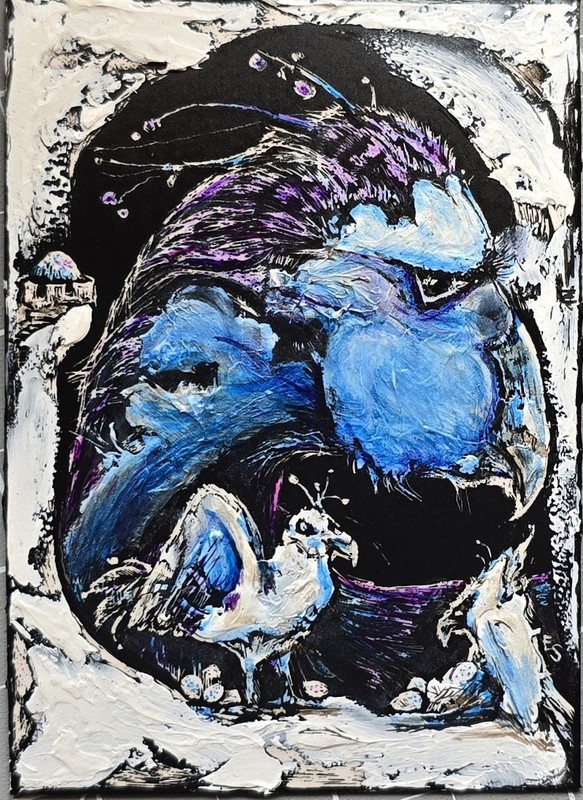 Egg King Castle Original ACEO Bird Fantasy Mixed Media Art Card