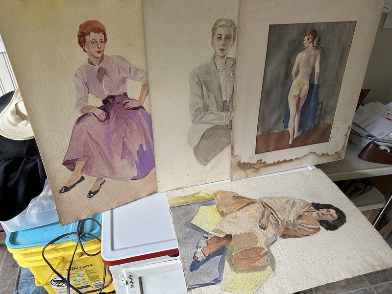 4 Large Antique Watercolor Paintings Women Portraits Nude by William T Aldrich
