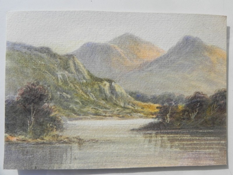 English or Scottish antique mountain highlands old watercolor painting