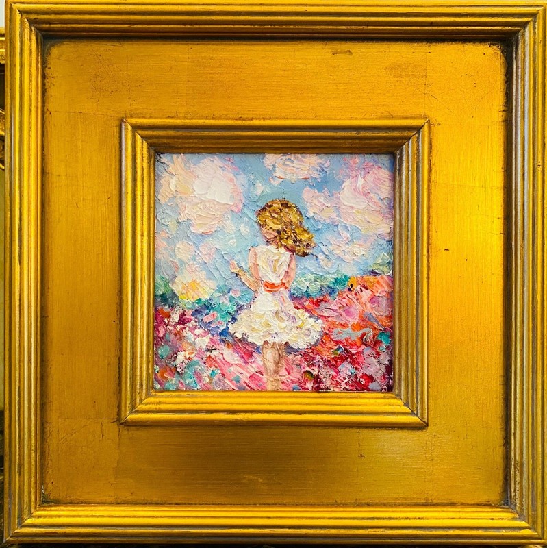 KADLIC Original Oil Painting Impressionist Girl Child Impasto Gold Gilt Framed