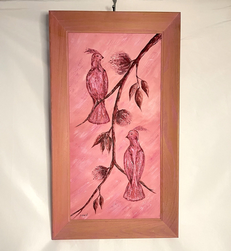 Vintage Folk Art Pink Birds Painting Primitive Cottagecore Hand Painted Frame