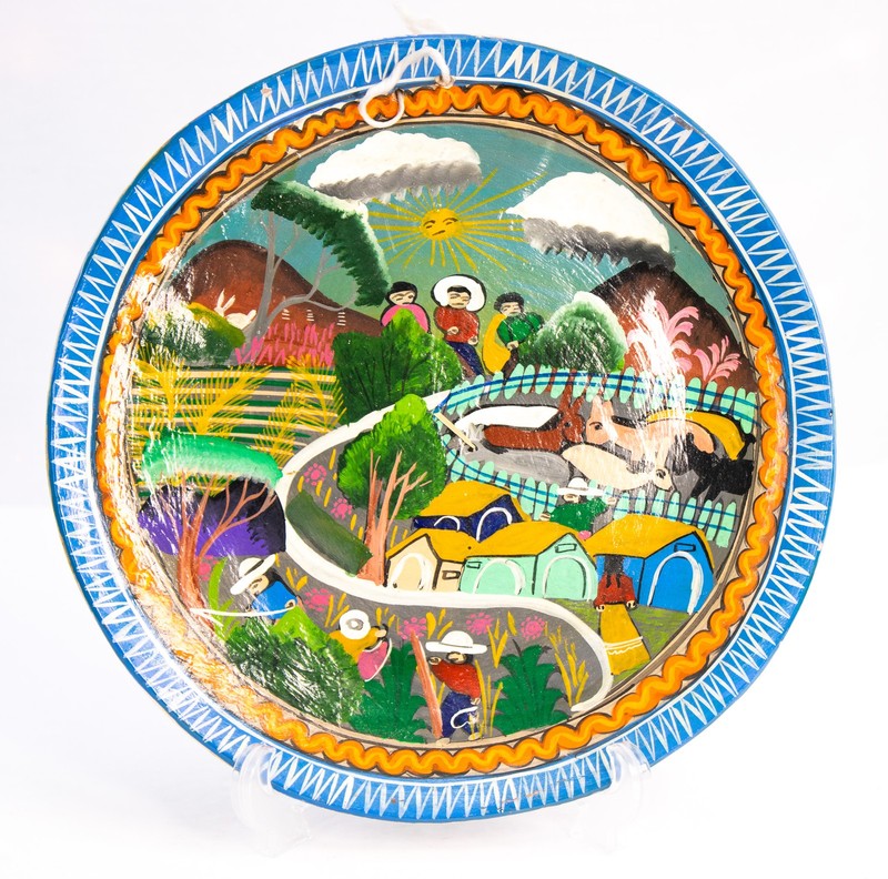 Hand Painted Folk Art Ceramic Plate Village Scene Colorful Wall Decor