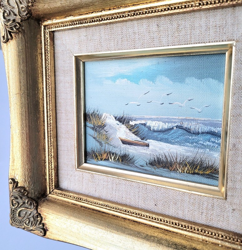Vtg Seaside Beach Birds Seagull Classy Gold Gild 8x9 Frame Oil Painting gallery