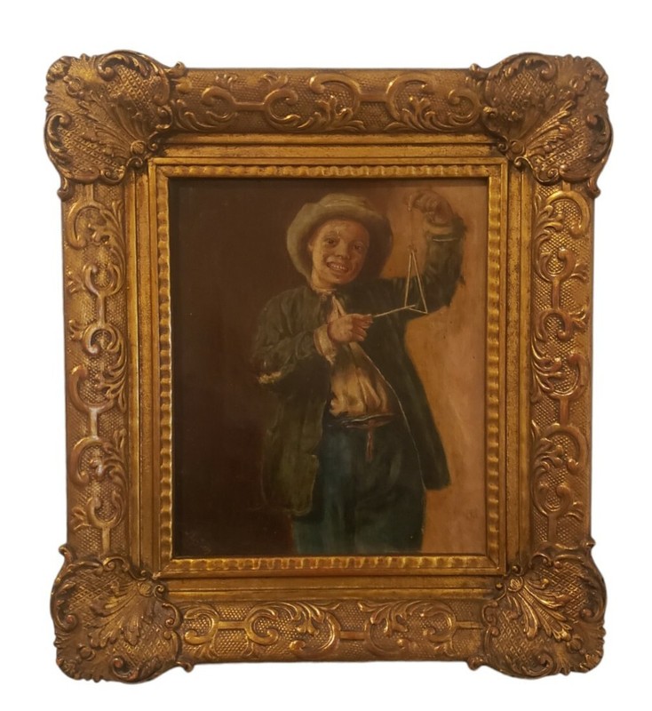 Antique Oil Painting Boy Playing Triangle Signed Ornate Gilt Frame