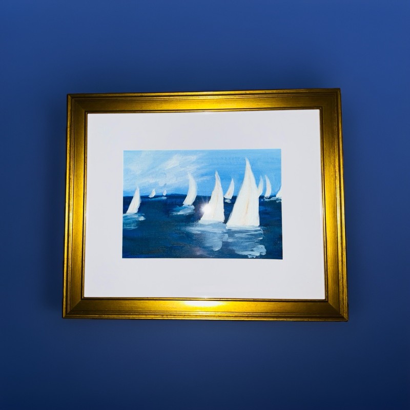 Seascape Sailing Acrylic Painting On Canvas In Gold Frame. 10x12 gallery