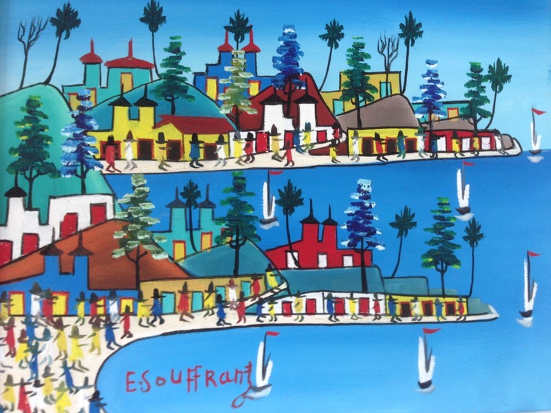 Edgard Souffrant Haitian Canvas Painting Signed Framed 11 1/4 «x 9 1/4» Folk Art