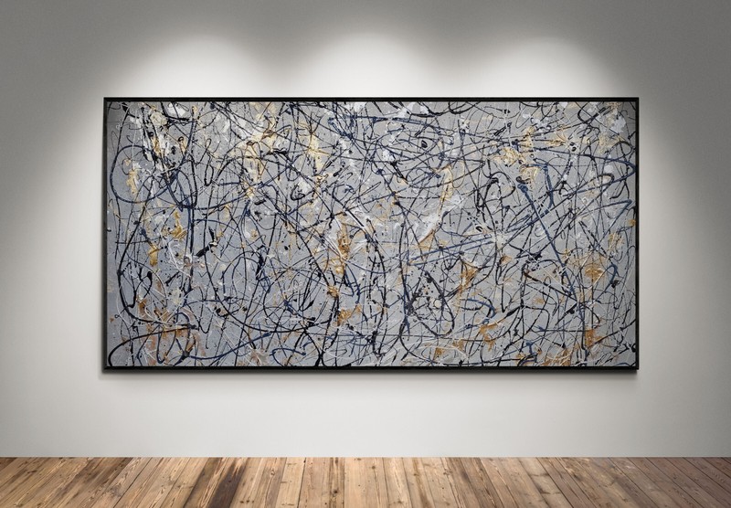 XXL Jackson Pollock Style Gold & Silver Abstract Art Textured Painting 78×39 in