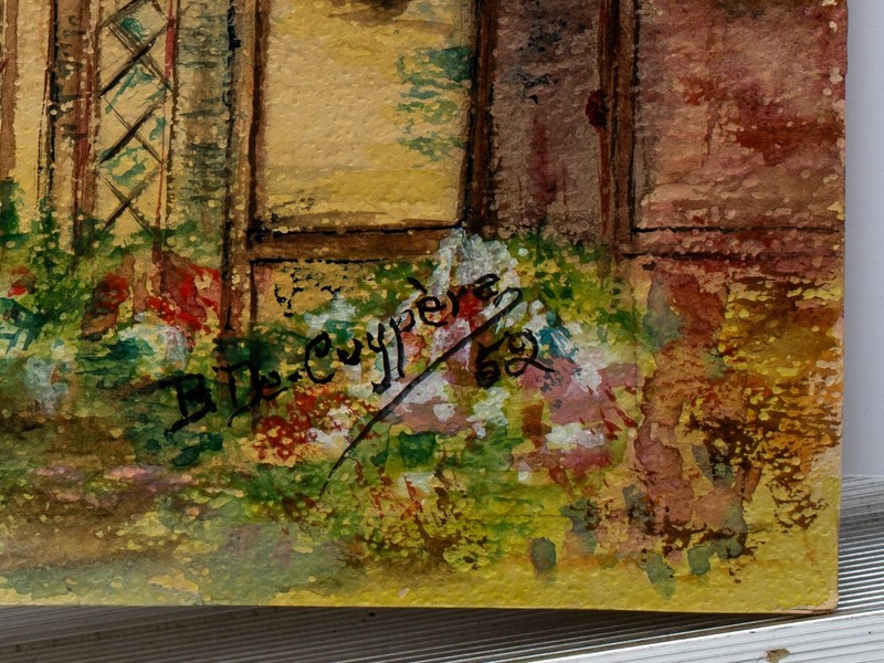 Mid Century Belgian Watercolor--Country House in Springtime, Signed, 1952 gallery