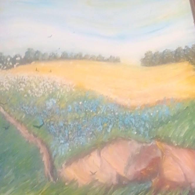Framed Impressionist Landscape Painting Field & Trees Nature Scene