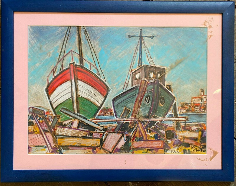 Pastel Boats IN Port IN Dock Insel Krk Sea Shipyard Baltic Sea Antique Frame