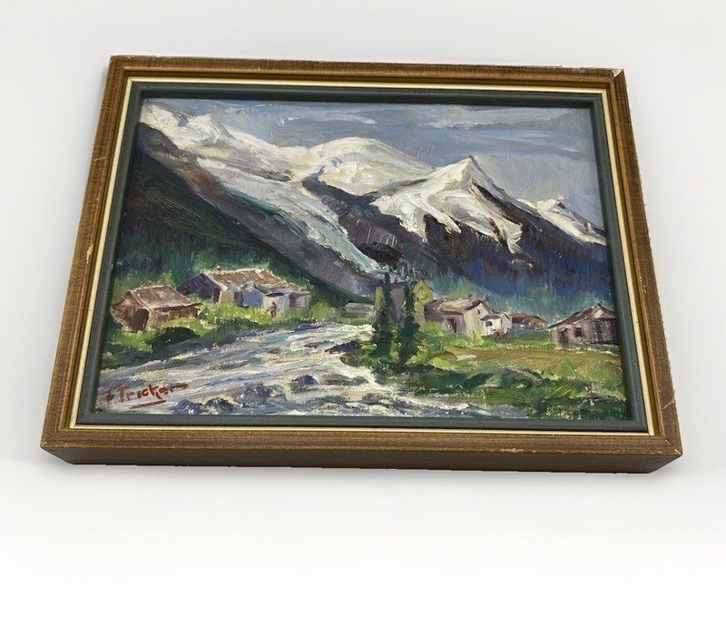 Vintage Small Original Painting Mountain Cabin Scene 13×9