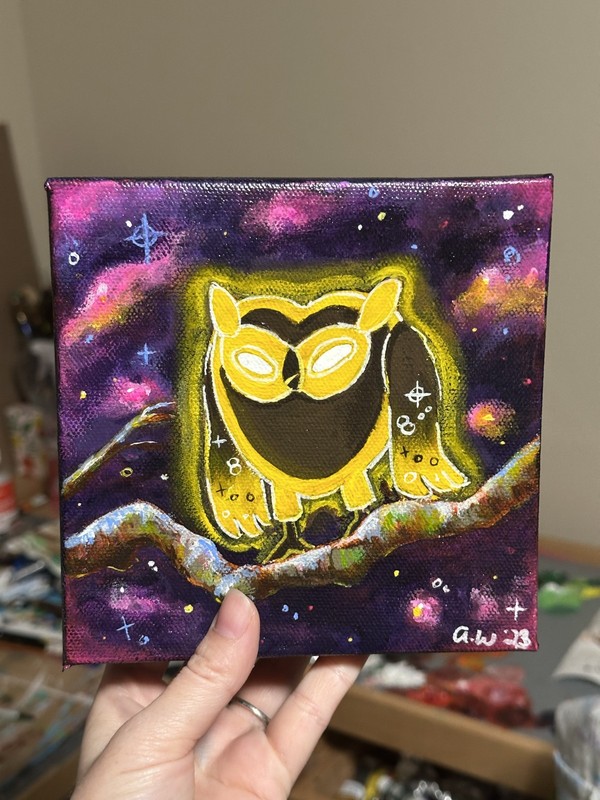Original Painting, Cosmic Owl, Adventure Time Cartoon Art, 6×6 Canvas Unframed