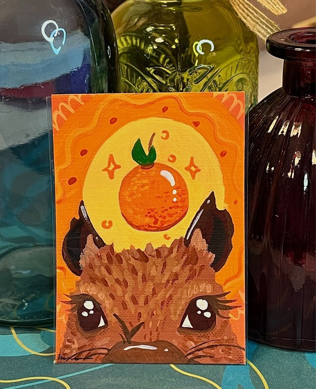 ACEO Original Acrylic Art Cards Capybara Orange Animal Retro Gouache NovaGale