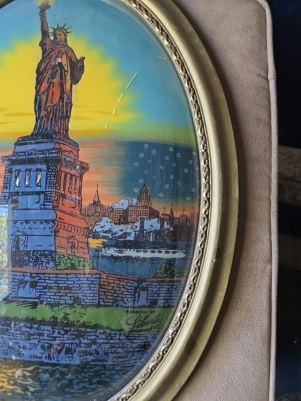 Statue of Liberty Antique USA Art Deco Glass Painting Gold Gesso Gilt Wood Frame gallery