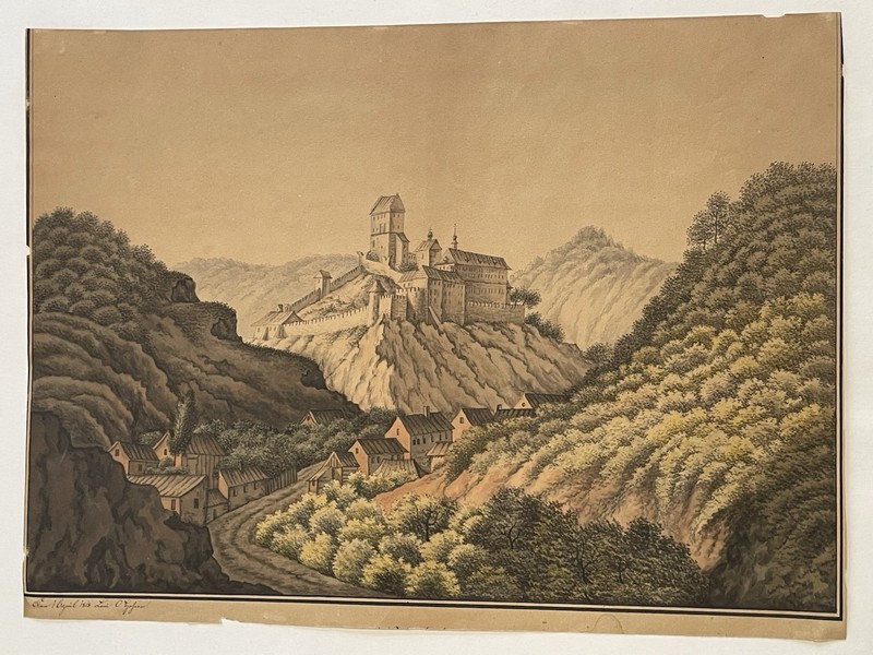 1818 signed antique watercolor painting of Karlstejn Castle, Czech Republic