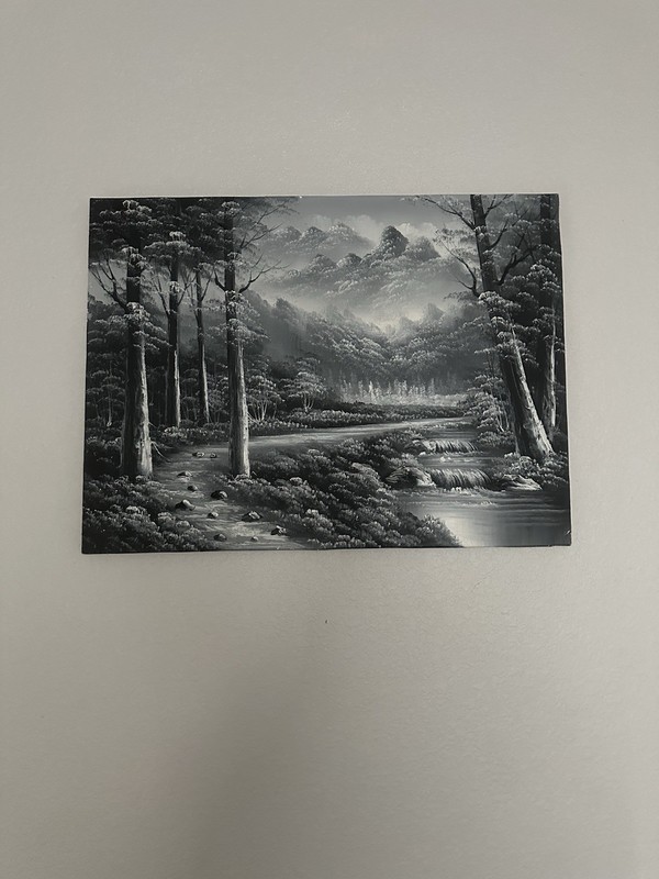 Black & White Landscape Oil Painting – Forest, River & Mountain Scene Wall Art