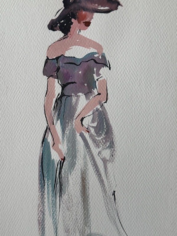 VTG 1950's MCM Watercolor Painting Woman in Dress Womens Fashion 18 x 12 gallery