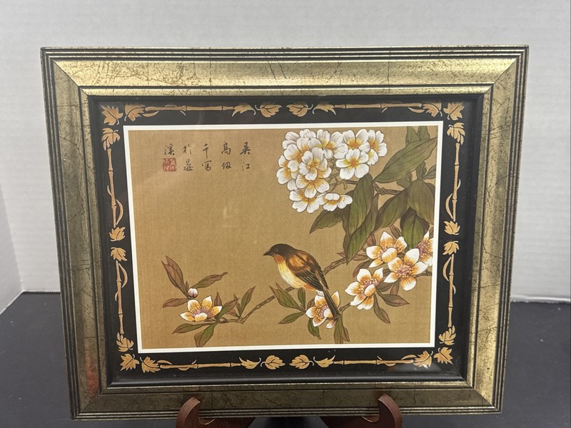 Oriental Painting on Silk, Bird w/ Cherry Blossom, Asian Watercolor on Silk 6×8