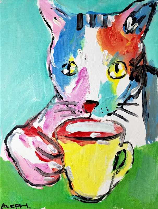 Original Abstract Cat Painting Canvas Neo Expressionist Fine Art Decor 11x14 gallery