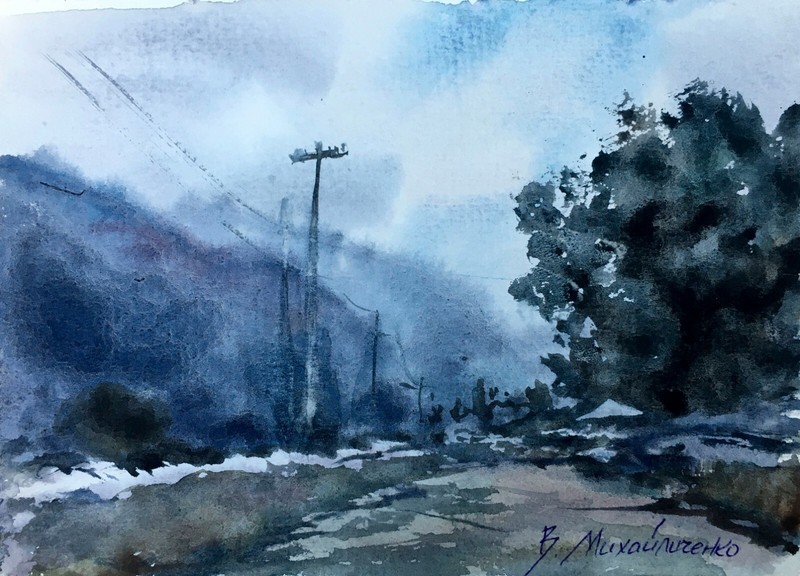 Watercolor Painting Road Fog Mikhailichenko V Original Wall Hanging Decor n1343