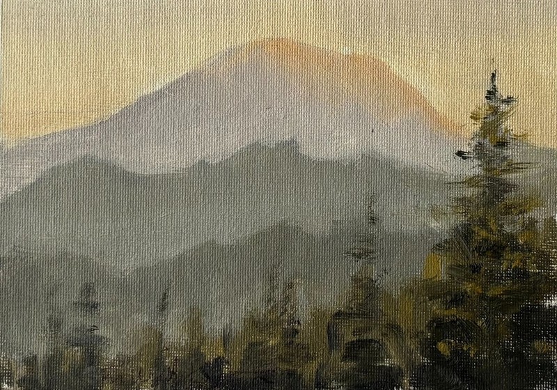 Oregon mountain sunset scenic landscape oil painting by living artist. 5″x8″