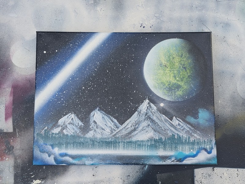 Arctic Comet, 12×16 Spray Art on Canvas. Original Work. Signed.