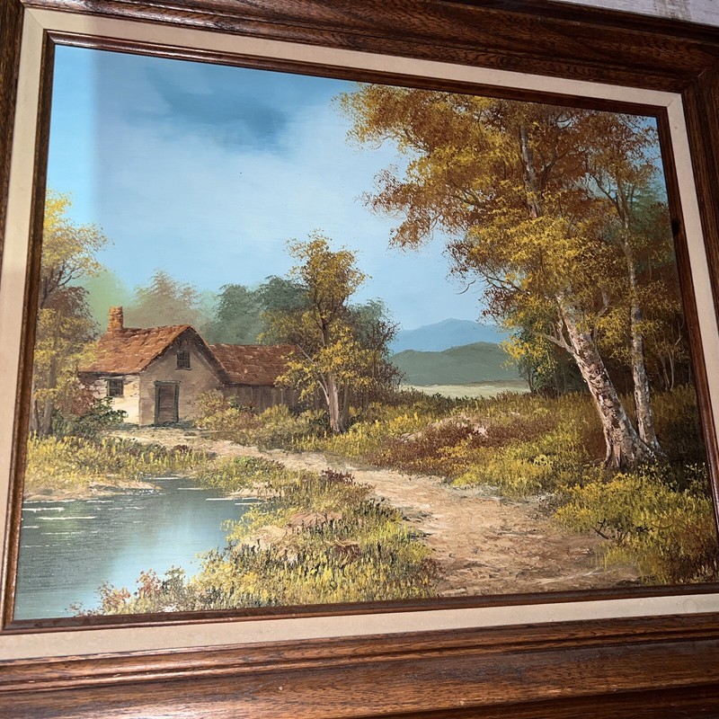 Oil Painting Rustic Countryside Nature Trees Water Cottage 23 X 27 Frame