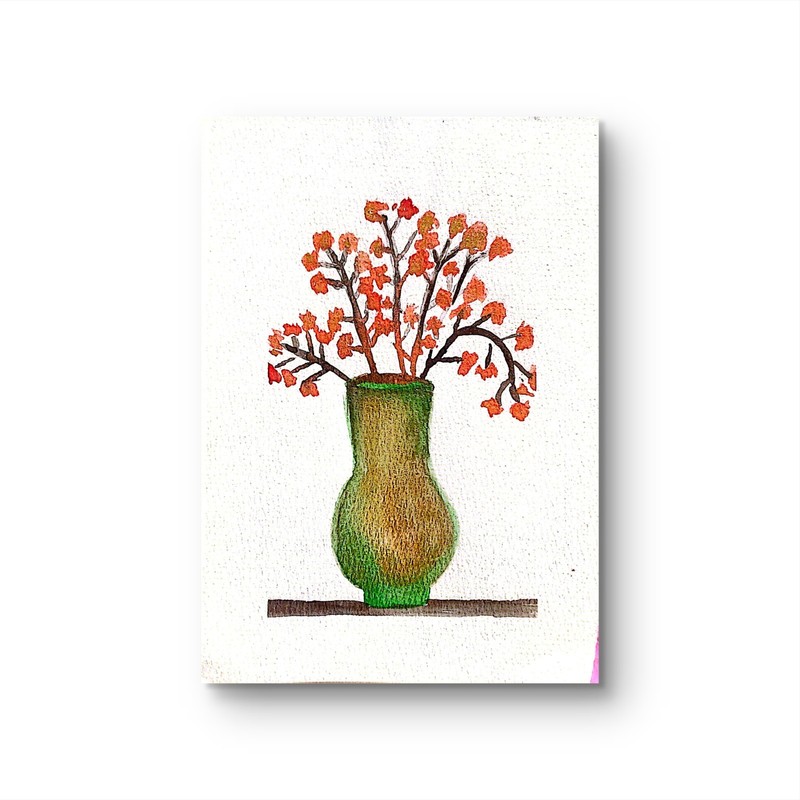 Red Blooms Pealescent Vase Watercolor Contemporary Expressionist 5×7 Original