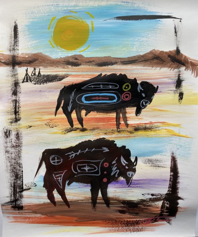Two Buffalo Abstract Ethnic Prairie Acrylic Original Art 14x11 Paper gallery