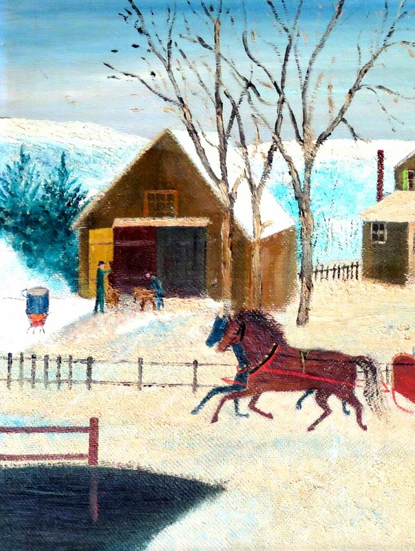 1930 CANADIAN AMISH MENNONITE WINTER SCENE NAIVE OIL PAINTING RA INITIALS SIGNED gallery