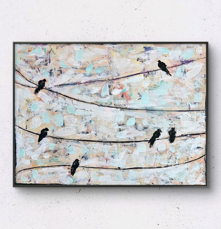 Birds on a Wire Original Mixed Media Painting Abstract Bird Wall Art On Canvas
