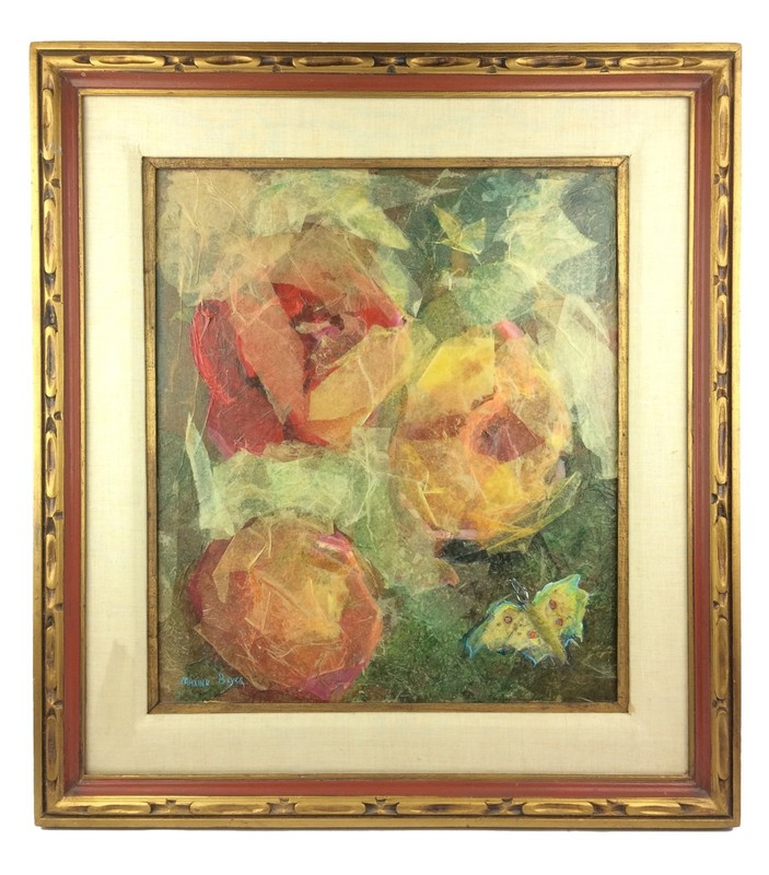 Vintage Maxine Beyer Papier Paper Mache Painting Flowers Butterfly Signed 29×33″