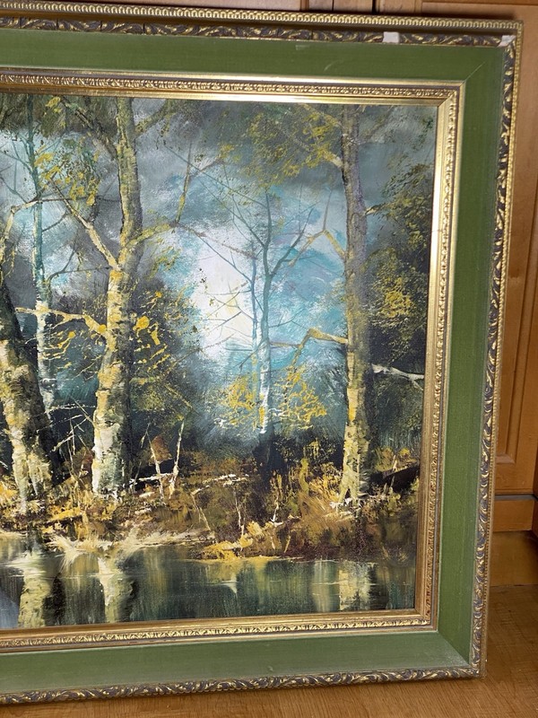 Signed Hans Heimo Scheffel "Calm Forrest" Large Vintage Oil On Canvas Painting gallery