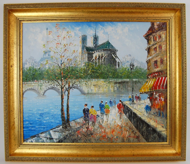 Vtg 80’s Framed Signed Burnett Oil Painting «Paris Cityscape Seine Scene» 24X20