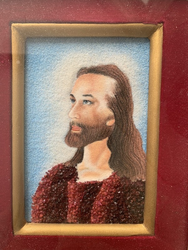 Hand Made Gemstone Painting Jesus Christ Real Precious Crushed Gems Framed Art gallery